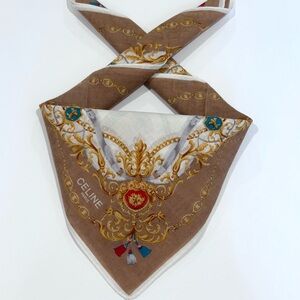 WOMEN HANDKERCHIEF CELINE Gold Chain Brown Beige COTTON POCKET SQUARE 20”